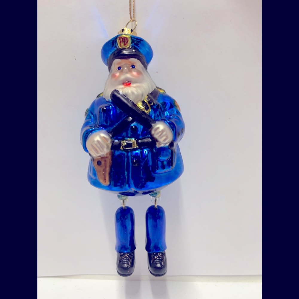 Glass Santa Claus police jacket hat blue Christmas ornament policeman un…